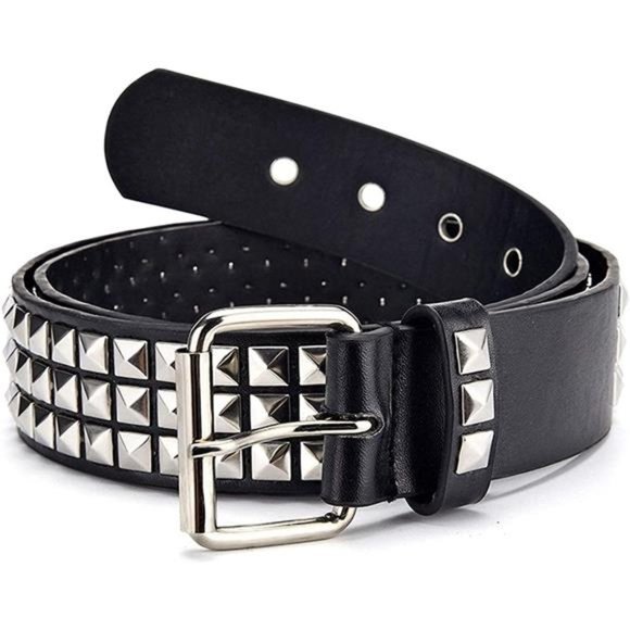Black Studded Belt Punk Rock Rivet Grommet Threads Belt w/ Bright Metal Pyramid